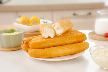 Delicious Corn Fritters and Breakfast Soup Combo with Creamy Cheese Filling