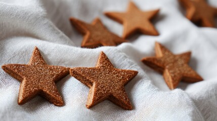 A flat lay of gingerbread stars on white linen, minimal Christmas style