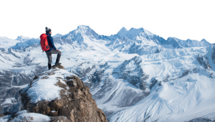 Hiker with backpack standing on snowy mountain peak, overlooking vast winter landscape isolated on transparent background