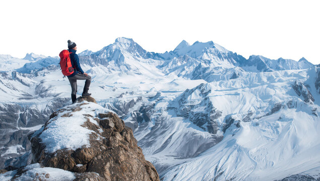 Hiker with backpack standing on snowy mountain peak, overlooking vast winter landscape isolated on transparent background - Powered by Adobe