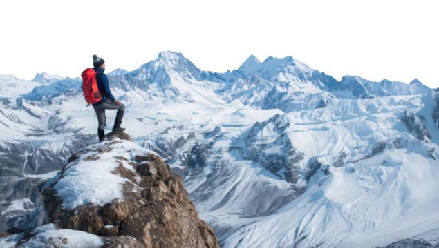 Hiker with backpack standing on snowy mountain peak, overlooking vast winter landscape isolated on transparent background - Powered by Adobe