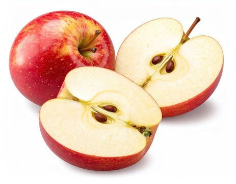 Apples! One whole, two cut showing core. Ripe fruit