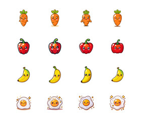 Kawaii illustrations of vegetables and a fried egg with happy faces