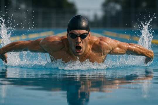 Powerful male swimmer performing butterfly stroke in outdoor pool during intense training session, showing focus and athletic strength in action. Ai generative