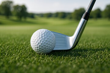 Close-up of golf club and ball on grass in sunny field, sport concept showing precision and preparation before swing in golf competition scene. Ai generative