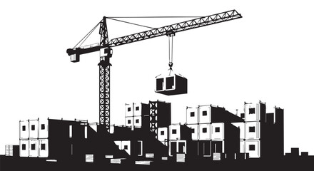A construction crane lifts a modular building unit, showcasing modern architecture and urban development in a detailed monochrome illustration.
