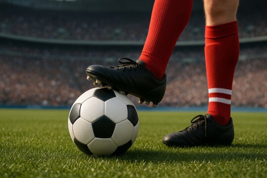 Close-up of soccer player in red socks with foot on ball on green field during match in packed stadium, symbolizing focus and competition in sport concept. Ai generative