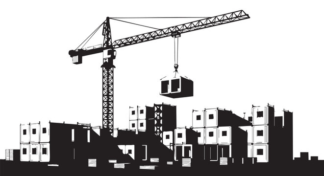 A construction crane lifts a modular building unit, showcasing modern architecture and urban development in a detailed monochrome illustration.