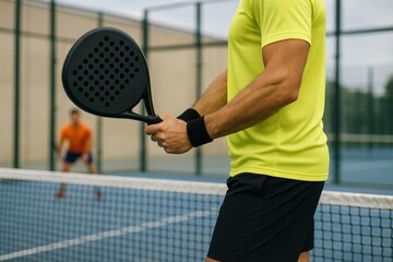 Close-up of padel player holding racket on court during doubles match, wearing yellow shirt, preparing to serve, sport action concept outdoors. Ai generative