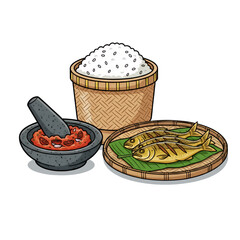 Illustration of a traditional menu of rice in a bamboo basket, chili sauce on a mortar, fried fish on a bamboo tray. Isolated on a white background.