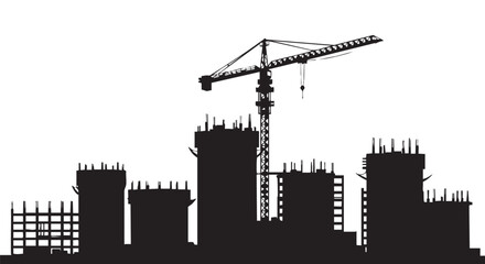 Naklejka premium A silhouette of a construction site featuring a towering crane and unfinished buildings against a bright white backdrop, symbolizing progress.
