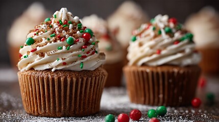A gingerbread cupcakes with whipped frosting, festive sprinkles