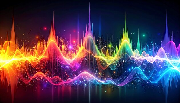 Vivid, abstract sound waves cascade across a dark canvas, glowing with rainbow colors and shimmering light trails
