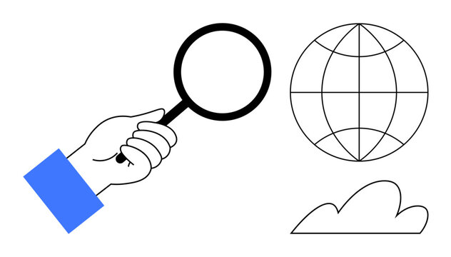 Hand grasping magnifying glass examining grid-patterned globe and cloud, symbolizing exploration, research, global search, learning, data analysis, problem-solving, growth. Ideal for discovery