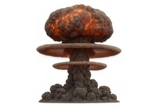 Nuclear mushroom cloud rising, representing atomic warfare, catastrophic power, and a global threat on transparent background