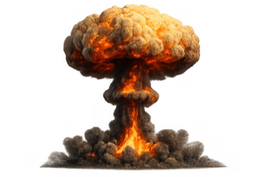 Mushroom cloud explosion creating fire, smoke, and debris from a nuclear bomb, symbolizing war, apocalypse, and destruction