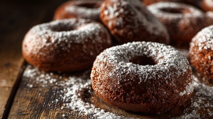 A gingerbread donuts dusted with powdered sugar, rustic brown tones