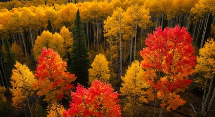 Aerial view showcases vibrant fall foliage; golden, red, and green trees create a stunning landscape