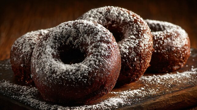 A gingerbread donuts dusted with powdered sugar, rustic brown tones - Powered by Adobe