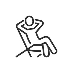 Person relaxing on lounge chair, linear icon. Leisure, comfort and vacation rest. Line with editable stroke.