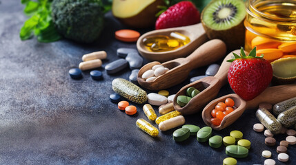 Assortment of Health Foods and Dietary Supplements with Fresh Fruits and Vegetables