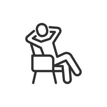 Person relaxing on chair, linear icon. Rest and recreation area concept. Line with editable stroke.