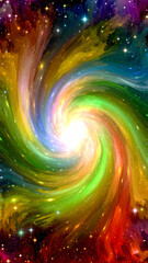 Abstract cosmic spiral with vibrant colors and sparkling stars on transparent background