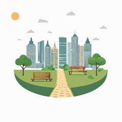 City park with benches and pathway facing modern city buildings