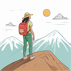 Lone hiker enjoys Mountain view after reaching Summit during daytime