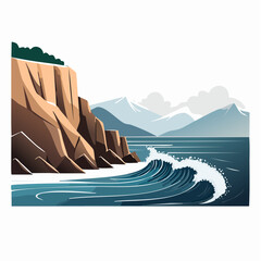 Dramatic rocky coastline landscape at dawn, waves hitting the cliffs