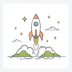 Rocket taking off from green landscape towards stars in the sky