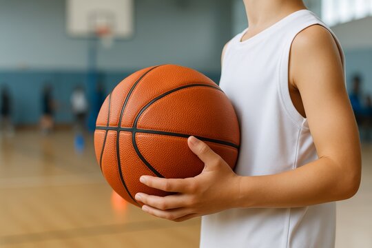 Close-up of young basketball player holding ball in gym, emphasizing youth sport and teamwork concept in an indoor training environment. Ai generative. Ai generative