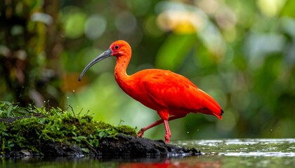 Naklejka premium Vibrant scarlet ibis perched on mossy bank at water's edge amidst lush green foliage in its natural habitat