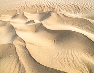 Aerial view showcases undulating desert sand dunes, textured with wind-swept patterns