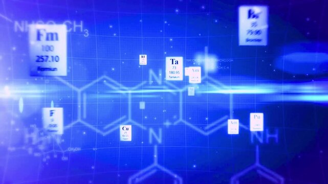 Dynamic science background video with glowing periodic table elements and chemical structure diagrams for chemistry education - Powered by Adobe