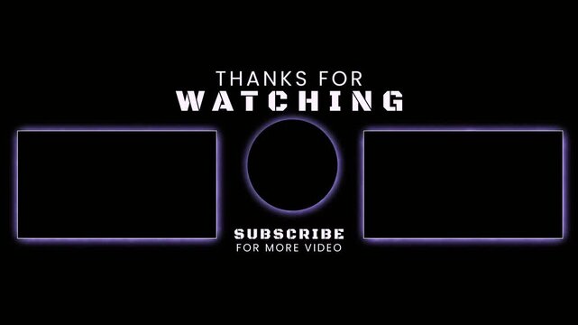 End screen template for YouTube channel promotion encourages viewers to subscribe and watch more videos with purple neon accents