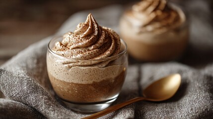 A gingerbread mousse in small glass cup, golden spoon beside
