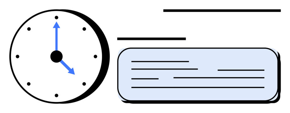 Analog clock showing specific time beside a text box highlighting time management, scheduling, productivity, deadline importance, organization, planning, daily routines. A simple flat metaphor