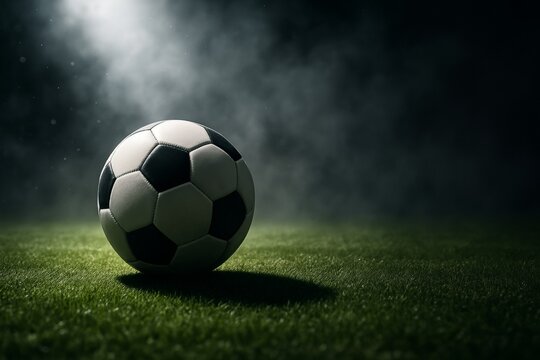 Classic black and white soccer ball on grassy field under dramatic spotlight with fog and shadows in background, symbolizing competitive sport concept. Ai generative