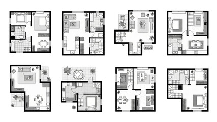 Diverse collection of contemporary residential floor plans, showcasing various apartment and house layouts for architectural visualization and interior design concepts