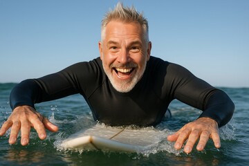 Happy senior man surfing on ocean water in wetsuit smiling with joy under blue sky, active lifestyle and sport freedom concept in vivid natural setting. Ai generative
