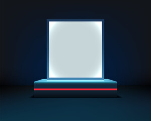 Futuristic Technology Display with Neon Blue Light on a Podium in a Dark Sci Fi Background for Digital Innovation and Product Presentation Template
