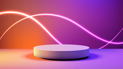 Futuristic Neon Podium 3D, Vibrant Product Display Mockup with Abstract Crossed Glowing Neon Light Waves on Gradient Background