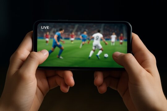 Watching live football match on smartphone held by hands with blurred soccer game on screen in dark background, illustrating digital sport concept. Ai generative