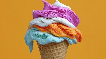 Colorful ice cream cone with a rainbow of colors. The ice cream is melting and dripping down the cone