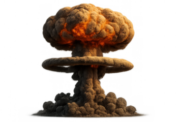 Nuclear explosion mushroom cloud creating a huge fireball and smoke indicating a powerful destructive force on transparent background
