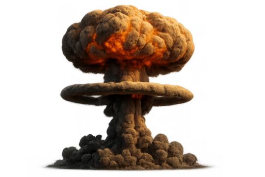 Nuclear explosion mushroom cloud creating a huge fireball and smoke indicating a powerful destructive force on transparent background