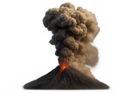 Volcano erupting, sending large plume of smoke and ash into the sky with glowing lava flowing down the cone