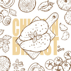 hand drawn chicken breast preparation and cooking ingredients outline drawing illustration