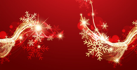Festive New Year background. Abstract wave with golden snowflakes.
